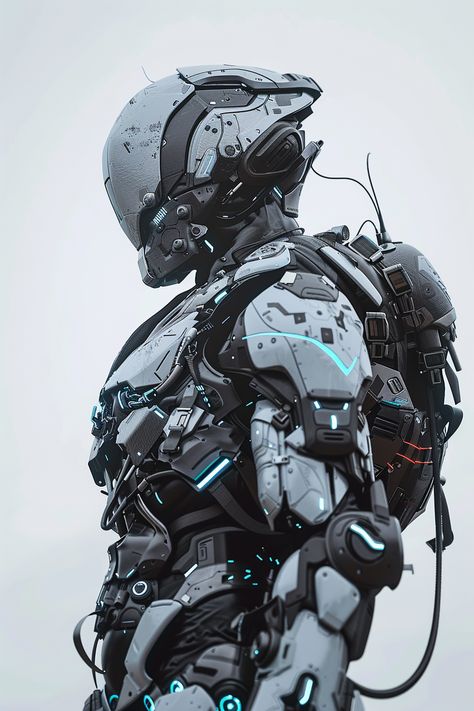 #Cyberpunk #MilitaryMech #ArmorSuit #BlackAndWhite #BlueAccents #Futuristic #TheCandie Cyberpunk Mech Suit, Futuristic Armor Concept Art, High Tech Armor, Mech Armor, Bucky Barnes Fanart, Military Robot, Future Technology Concept, Armor Suit, Helmet Concept