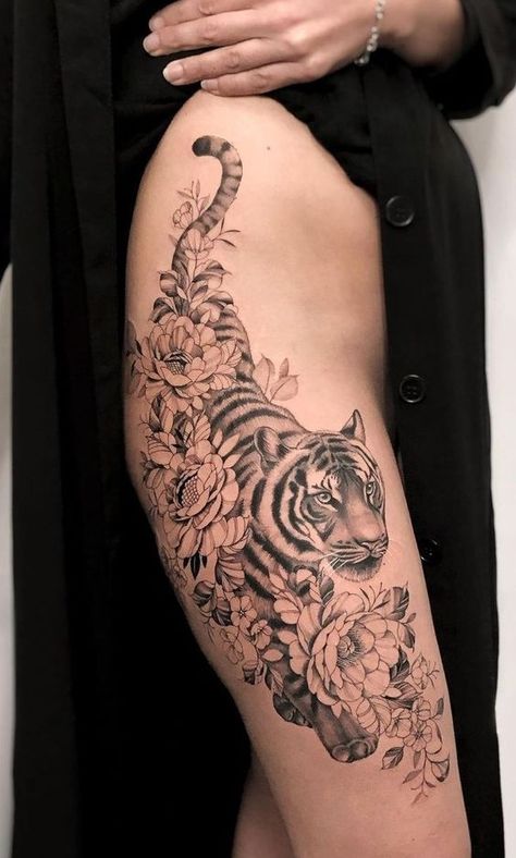 Tiger And Scorpion Tattoo, Japanese Tiger Cherry Blossom Tattoo, Tiger On Leg Tattoo, Tiger Thigh Tat, Thigh Tiger Tattoo Women, Hip Tiger Tattoo, Tiger Tattoo Flowers, Hip Tattoo Tiger, Back Tiger Tattoo For Women