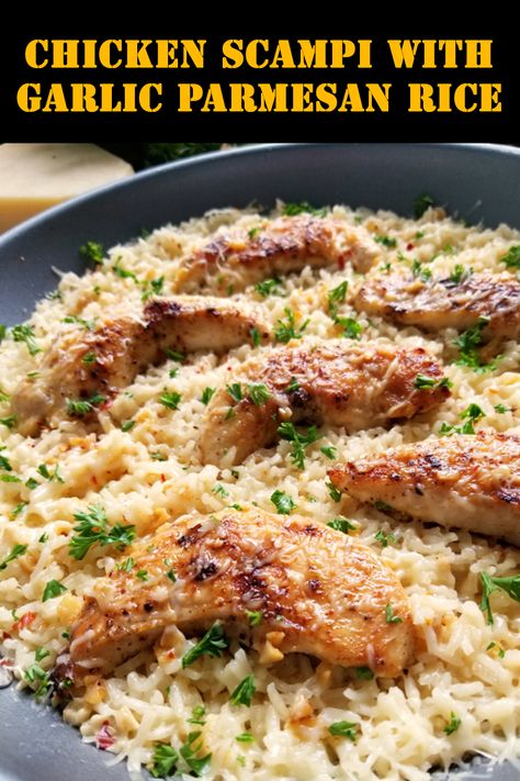 Chicken Scampi with Garlic Parmesan Rice - Foodie Mom Garlic Parmesan Rice, Parmesan Rice, Chicken Scampi, Easy Skillet Meals, Easy Skillet, Rice Ingredients, Quick Chicken, Chicken Main Dishes, Tender Chicken