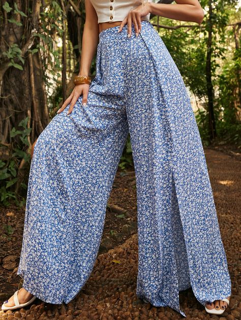 Blue and White Boho   Rayon Ditsy Floral Wide Leg Embellished Non-Stretch  Women Bottoms Flowy Blue Pants Outfit, White Flowy Pants, Blue Pants Outfit, Pants Ideas, 21st Birthday Outfit, Women Bottoms, Printed Wide Leg Pants, Ditsy Floral Print, Boho Pants