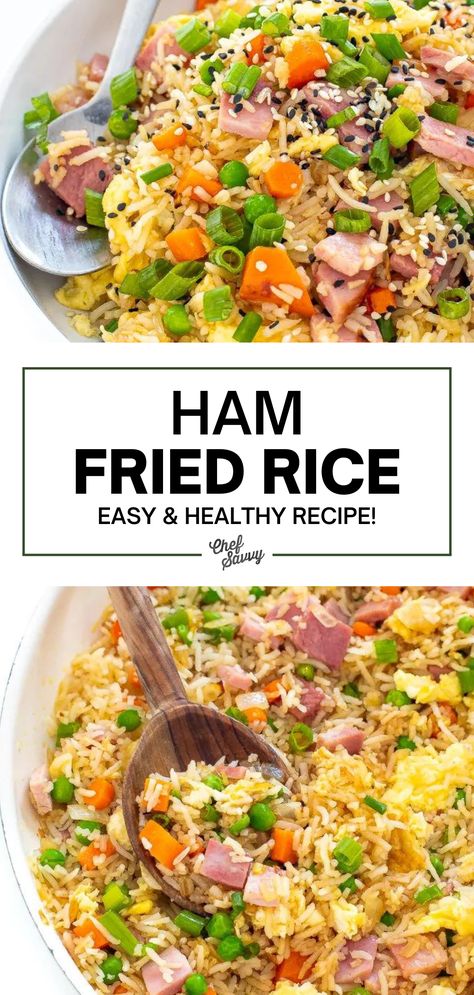 Save this Easy Ham Fried Rice Recipe. Not sure what to do with leftover Easter ham? Then make my EASY Ham Fried Rice Recipe! Stir fried veggies, leftover rice and chopped up ham make this ham fried rice a hearty dinner. This recipe features my SECRET ingredient for homemade fried rice that tastes just as good as takeout! Follow Chef Savvy for more dinner recipes! Ham Stir Fry Recipes, Rice And Ham Recipes, Ham Fried Rice Recipe, Fried Rice With Ham, Pineapple Ham Fried Rice Recipe, Ham Fried Rice Recipe Chinese Food, Healthy Ham, Healthy Fried Rice, Ham Fried Rice