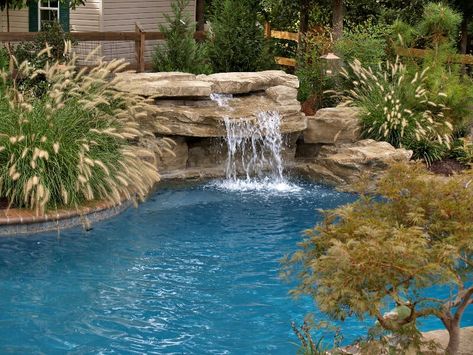 Swimming Pool Natural, Pool Waterfall Landscaping, Pool Natural, Waterfall Landscaping, Swimming Pool Waterfall, Inground Pool Landscaping, Simple Backyard, Pools Backyard Inground, Landscaping Backyard