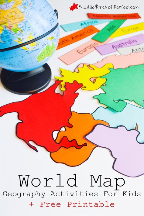 World Map Geography Activities For Kids + Free Printable | A Little Pinch of Perfect Geography Lessons Preschool, Continents Coloring Page Free Printable, Countries Activities For Kids, Country Activities For Kids, Interactive World Map, Continents Activities, World Map Puzzle, Montessori Geography, Geography Activities