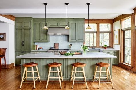 Distressed Green Cabinets Bring Weathered Charm to a New Kitchen Shabby Chic Kitchen Ideas, Chic Kitchen Ideas, Shabby Chic Kitchen Cabinets, Modern Shabby Chic, Latest Kitchen Designs, Craftsman Kitchen, Green Kitchen Cabinets, Kitchen Design Trends, Green Cabinets