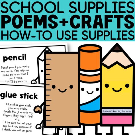 Help students learn how to use and treat your classroom supplies with this set of NO-PREP school supply rhyming poems, coloring pages, crafts, and posters. Students will love the poems to help them learn about school supplies and how to use them. The nine school supplies included are: pencil, glue stick, glue bottle, marker, paper, scissors, play dough, and backpack. Each school supply includes: - a one-page craft - a rhyming poem coloring page - a rhyming poem poster (in color) - blank coloring page Use the poems as chants when you teach and use new supplies in the classroom. Enjoy! :) How To Use School Supplies Kindergarten, Bulletin Board Activities, Tk Ideas, Classroom Community Activities, Preschool Supplies, Rhyming Poems, Behavior Incentives, Crafts Printable, Meet The Teacher Template