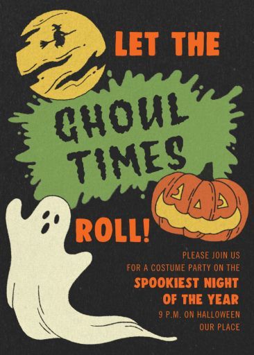 Customize 'Ghoul Times' Halloween Invitation online and send via email, text message, or a shareable link. Instantly track deliveries and opens, and message recipients. Halloween 3rd Birthday Party Invitations, Haunted House Invitations, Halloween Potluck Invitations, Halloween Ra Events, Halloween Invite Template, Halloween Party Invitations Ideas, Halloween Invite Ideas, Halloween Party Flyer Design, Halloween Party Invitations For Adults