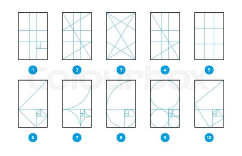 Composition rules. Geometric formula math science diagrams, golden ratio and rule of thirds, fibonacci sequence 1. 618 proportions, fractal geometry. Vector set Formula Math, Golden Ratio Art, Geometric Formulas, Composition Rules, Golden Ratio In Design, Science Diagrams, Fibonacci Golden Ratio, Composition Drawing, Fractal Geometry