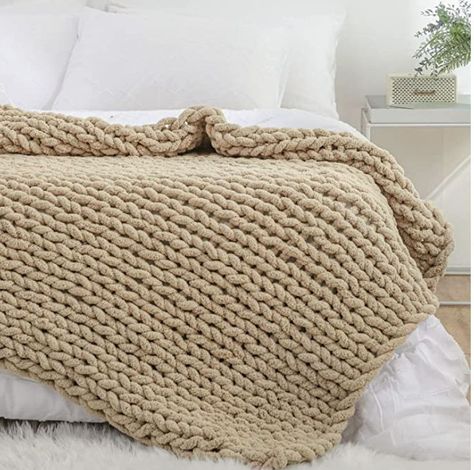 Perfect chunky blanket to snuggle up with during these cold months Free Crochet Blanket Patterns Easy, Chunky Throw Blanket, Large Knit Blanket, Unique Crochet Blanket, Tan Blanket, Crochet Blanket Ideas, Cream Throw Blanket, Hand Knitted Throws, Boho Throw Blanket