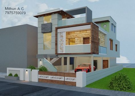 House elevation for Ground plus two floors with ground floor parking Ground Floor Parking House Design, South Indian House Design, Car Park Design, Home Front Elevation, Home Elevation, Indian House Design, 2 House, Alphabet Code, Maids Room