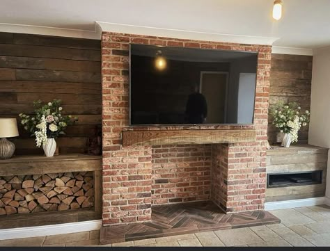 Fireplace Alcove Ideas, Brick Chimney Breast, Brick Slip, Snooker Room, Red Brick Fireplaces, Brick Slips, Cottage Fireplace, Built In Shelves Living Room, Classy Living Room