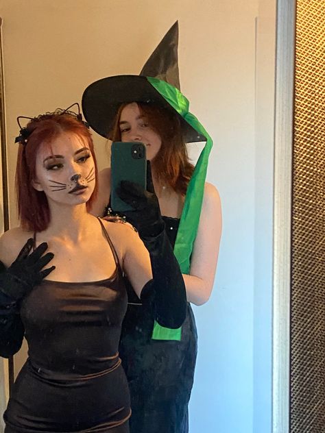 Witch And Cat Halloween Costume, Cat And Witch Costume, Cat Couple Costume Halloween, Black Cat And Witch Costume, Black Cat Makeup Halloween Pretty, Cute Black Cat Costume, Witch And Cat Costume, Witch And Black Cat Costume, Cat Costumes Women Makeup