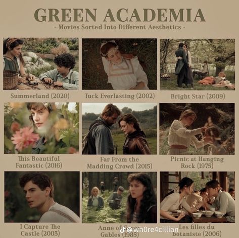 Aesthetic Movie List, Fairycore Movies List, Aesthetic Films To Watch, Film Green Aesthetic, Dark Academia Aesthetic Movies, Cottagecore Movies To Watch, Art Academia Movies, Green Academia Movies, Cottagecore Movies List