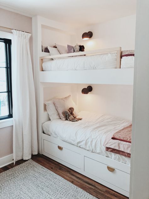 Built in bunk bed diy using ikea bed @nova_and_the_moon Make Bunk Beds Look Built In, Bunk Bed Pottery Barn, Diy Ikea Bunk Bed, Built In Bunk Beds With Drawers, Built In Bunk Bed Small Room, Built In Bunk Bed Hack, Ikea Built In Bed Hack, Diy Built In Bunk Beds Plans, Bunk Bed Room Inspo Aesthetic