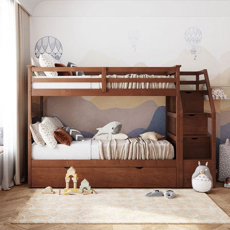 Discover the perfect solution for your bedroom with this Multifunctional Trundle Bunk Bed with Storage Stairs. This versatile piece seamlessly fits into any room decor, offering three stunning color options for a personalized touch. Full Size Bunk Beds, Storage Stairs, Trundle Bed With Storage, Solid Wood Bunk Beds, Wooden Bunk Beds, Platform Storage, Wood Bunk Beds, Bunk Beds With Stairs, Bed With Trundle