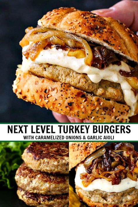 Next Level Turkey Burgers with Caramelized Onion & Aioli are so juicy and flavorful, you'll never look at a turkey burger the same! #turkeyburgers #groundturkey #burgerrecipe #dinnerrecipes Hello Fresh Turkey Burgers, Turkey Burger And Sweet Potato Recipe, Thanksgiving Turkey Burger Recipes, Lettuce Turkey Burger, Turkey Burger No Bun, Stuffed Turkey Burger Recipes, Fall Turkey Burgers, Turkey Burger Recipes No Breadcrumbs, Deconstructed Turkey Burger