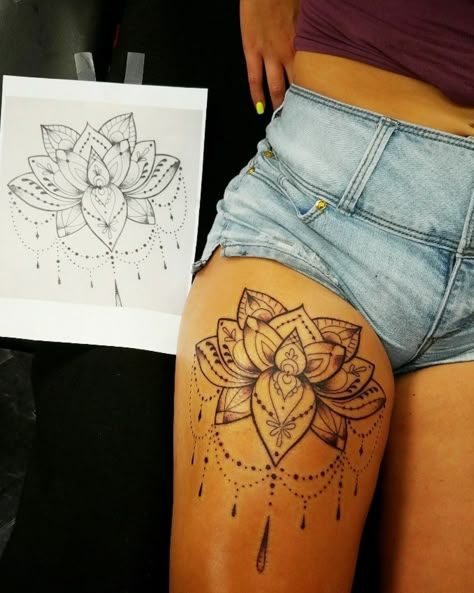 Thigh Lotus Tattoos Women, Leg Tato Women, Simple Leg Tattoos Women Lower Calf, Patch Thigh Tattoos, Lotus Flower Leg Tattoo, Mandala Thigh Tattoo Women, Mandala Hip Tattoos Women, Mandala Thigh Tattoos, Thigh Tattoos Women Mandala