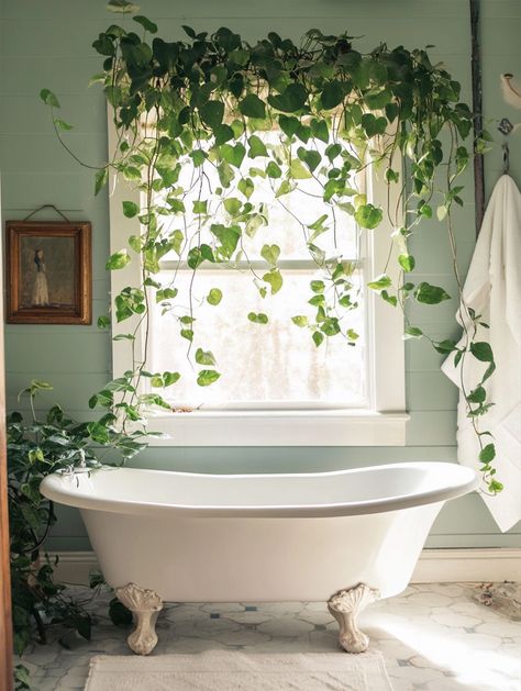 Transform Your Bathroom with Hanging Plants Garden Tub Decor Master Bath Plants, Hanging Plants Above Bathtub, Plants Bathroom No Window, Plants In Small Bathroom, Plants In Shower Hanging, Hanging Plants In Bathroom, Shelves Above Bathtub, Plant Hanging Rod, Ivy Bathroom