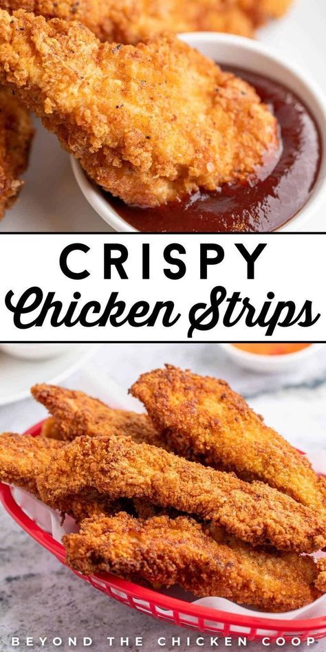 These Crispy Chicken Strips made with boneless chicken breast and light crispy breading are a delicious lunch or dinner for kids and adults. Make them in under 30 minutes, and serve them with your favorite dipping sauce. Add them a salad or a tortilla wrap as well for a tasty lunch or dinner! Chicken Strip Wraps Crispy, Easy Kids Meals Dinner, Easy Chicken Strip Recipes, Chicken Strip Recipes Easy Dinners, Chicken Strips Recipes Easy, Chicken Breast Recipes For Kids, Chicken Strips Dinner Ideas, What To Make With Chicken Breast, Crispy Chicken Dinner