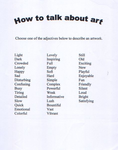 http://www.bermudanationalgallery.com/activity-worksheets how to talk about art. Critique Worksheet and Vocab. Art Class. Art History. Art Critique Words, Worksheet Design Ideas, How To Critique Art, How To Be Artistic, Art History Quotes, Chatty Class Classroom Management, Art Critique Worksheet, Talkative Students, Art Language