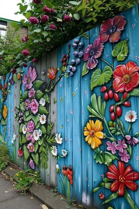 Painted Fences Mural, Paint Fence Ideas Backyards, Fence Mural Ideas, Chakra Flowers, Fence Murals, Painted Fence, Dog Friendly Backyard, Fence Painting, Garden Gates And Fencing