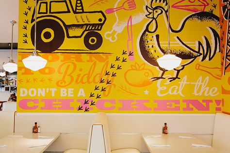 Chicken Sides, Wall Graphics Design, Cafe Bar Design, Chicken Restaurant, Chicken Shop, Bee Shop, Small Restaurants, Meat Shop, Southern Cuisine