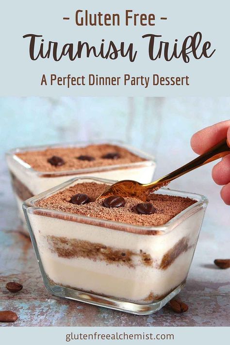 Decadent Gluten Free Tiramisu Trifle made using an authentic Italian recipe... Layers of coffee and brandy-soaked gluten free trifle sponge with rich mascarpone custard and finely-grated chocolate. #glutenfree #tiramisu #dessert #pudding #coffee #dinnerparty #trifle via @gfalchemist Tiramisu Recipe Gluten Free, Gluten Free Tiramisu Cake, Gf Tiramisu Recipe, Gluten Free Trifle Recipes, Gluten Free Trifle Desserts, Gluten Free Pudding Desserts, Gluten Free Tiramisu Recipe, Gluten Free Italian Desserts, Gluten Free Trifle