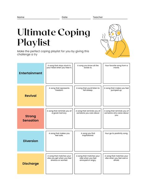 This worksheet will help you find and organize the music you need to get through your day and to help cope or enjoy emotions. Print it out or use it in Goodnotes, Evernote, etc.   Be prepared for any emotion! Therapy Worksheets For Adults, Anger Coping Skills, Worksheets For Adults, Group Therapy Activities, Coping Skills Activities, Mental Health Activities, Mental Health Therapy, Mental Health Counseling, Therapeutic Activities