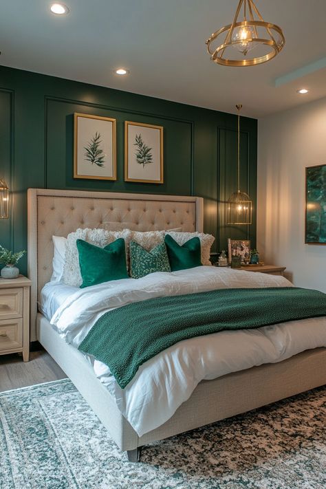 Elegant bedroom design with gold pendant lights and emerald green pillows, offering a stylish and balanced look. Emerald Green And Gold Bedroom, Green And Gold Bedroom Ideas, Green And Gold Bedroom, Emerald Bedroom, Feminine Bedroom Design, Gold Bedroom Ideas, Edgy Bedroom, Emerald Green Bedrooms, Dark Feminine Bedroom