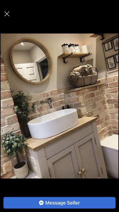 Rustic Downstairs Toilet Ideas, Beige Rustic Bathroom, Bathrooms With Brick Wallpaper, Cottage Toilet Ideas, Cottage Downstairs Toilet, Modern Country Bathroom Ideas, Country Cottage Bathroom Ideas, Cosy Bathroom Ideas, Natural Stone Bathroom Ideas