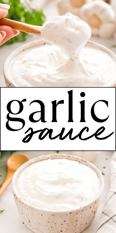 This Garlic Sauce recipe is the perfect homemade condiment! It's an ultra creamy garlic cream sauce that's packed with fresh garlic, and it's the perfect addition to grilled meats or veggies. Recipe from thebusybaker.ca! #garlicsauce #garliccreamsauce #creamygarlicsauce #garlicspread #condiment via @busybakerblog Cream Cheese Garlic Sauce, Keto Garlic Sauce, Sauce For Grilled Veggies, Homemade Creamy Garlic Sauce, Garlic Sauce Recipe For Chicken, Naf Naf Garlic Sauce Recipe, Diy Garlic Sauce, How To Make Garlic Sauce, Worchester Sauce Recipe