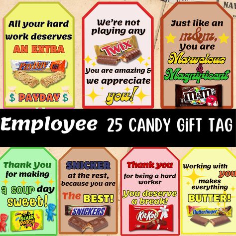 These tags are perfect for any occasion you want to thank an employee. Just attach them to candy with a ribbon or a piece of string. This listing includes 25 candy-themed tags. This listing is for printable 2.0x3.5 and 2.5x4.0 inches tags. National Payroll Week Ideas, Employee Appreciation Awards, Iowa Food, Referral Gifts, Candy Bar Awards, Football Candy, Candy Bar Gifts, Teacher Morale, Nurse Party