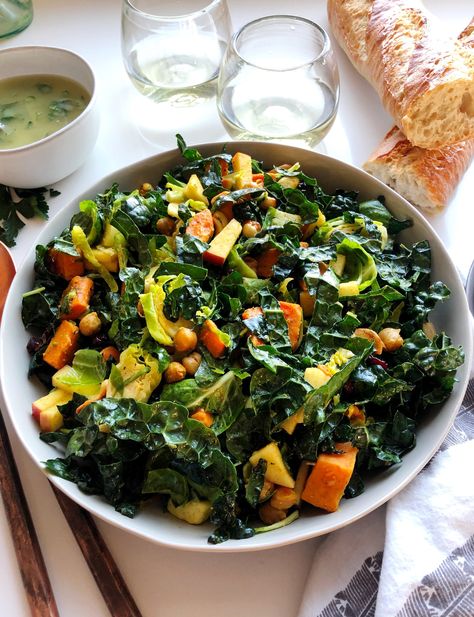 Lemon Dijon Vinaigrette, Kale Salad Dressing, Salt And Stone, Sweet Potato Kale, Dijon Vinaigrette, Salad With Lemon, Shredded Brussel Sprouts, Savory Dinner, Root Veggies