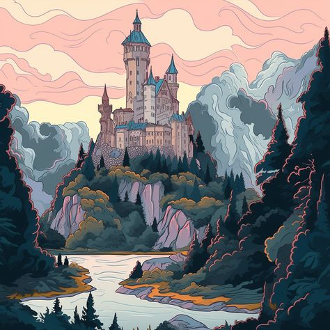 Cliff Castle Concept Art, Castle On A Hill Art, Castle In The Distance Drawing, Wooden Castle Fantasy Art, Castle Reference Photo, Mountain Village Drawing, Medieval Town Drawing, Dragons And Castles, Cartoon Castle Drawing