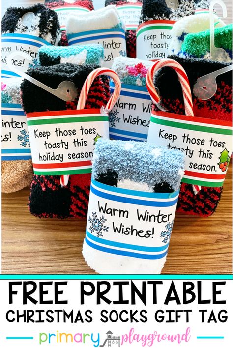 Sensory Christmas Gifts, Teacher Staff Gifts Christmas, Christmas Sock Ideas Gift, Cute Office Gifts For Christmas, Christmas Goodie Bags For Elderly, Christmas Goodie Bags For Teachers, Sock Teacher Christmas Gift, Socks Christmas Gift Tag, Easy Student Gifts From Teacher Christmas