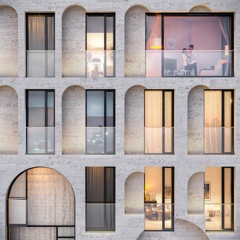 Kleinewelt Designs a Carved Mixed-Use Housing Block for Moscow,Allegoria Mosca. Image Courtesy of Kleinewelt Architekten Hotel Facade, Facade Architecture Design, Arch Architecture, Brick Architecture, Brick Facade, Mixed Use, Architecture Exterior, Facade Architecture, Facade Design