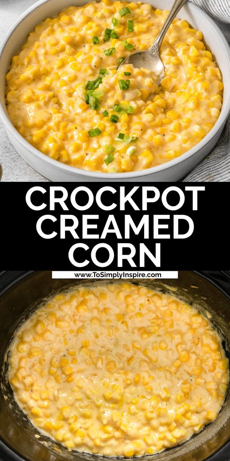 This cheesy crockpot creamed corn combines simple ingredients of cheddar cheese, cream and corn all slow cooked to perfection. It's a perfect side dish that will easily become a family favorite at holiday gatherings. Cream Corn Crockpot, Crockpot Creamed Corn, Cream Corn Recipe Crock Pot, To Simply Inspire, Slow Cooker Creamed Corn, Corn Side Dish, Creamed Corn Recipes, Cream Corn, The Slow Roasted Italian