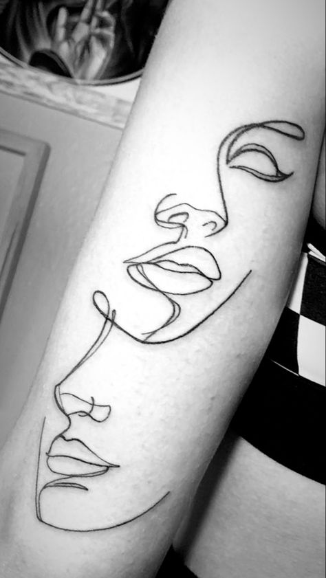 my face profile #tattoo #monoline #minimaltattoo #saradangellatattoo Tattoo Ideas Two Faces, Line Art Faces Tattoo, 2 Face Line Tattoo, Women Face Outline Tattoo, Abstract Face Tattoo For Women, Faces Tattoos For Women, One Line Two Faces Tattoo, Picasso Face Tattoo, Tattoos Of Faces For Women