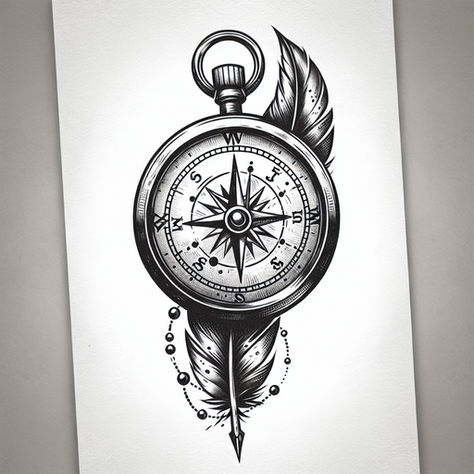 Compass and Feather Tattoo Design Inspiration Antique Compass Tattoo, Compass Feather Tattoo, Nature Compass Tattoo, Compass Sketch, Compass Tattoo Men, Tattoo Generator, Tattoo Canvas, Tribute Tattoos, Compass Tattoo Design