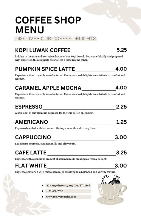 Black and White Simple Coffee Shop Menu. Canva Template Design by Anka Drozd Menu Black And White, Simple Coffee Shop, Kopi Luwak Coffee, Coffee Shop Menu, Starbucks Menu, Black And White Coffee, Coffee Enthusiast, Menu Template, Pumpkin Spice Latte