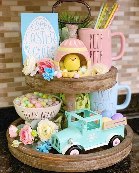 Tiered Easter Tray by @gg.luvs.dunn Diy Osterschmuck, Tiered Tray Diy, Craft Things, Easy Easter Decorations, Spring Decoration, Diy Ostern, Spring Easter Decor, Easter Time, Easter Colors