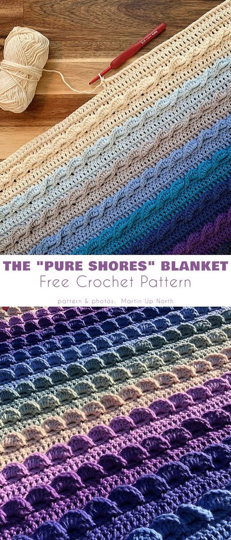 The "Pure Shores" blanket Dk Crochet Blanket Patterns Free, Crochet Verigated Yarn Blanket, Textured Crochet Blanket Pattern, Mood Blanket Crochet, Crotchet Blanket Patterns, Crochet Sea Blanket, Crochet Ocean Blanket, Sand And Sea Crochet Blanket, Ocean Themed Crochet Blanket