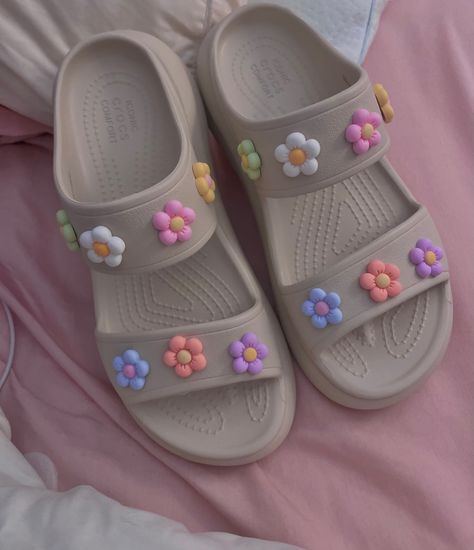 Crocs, Footwear, 2024 crocs, Cute girly sandals, Gibits, Cream colored shoes, Back to school shoes, Rachel Gentile Croc Platform Sandals, Croc Slides With Jibbitz, Platform Croc Sandals, Croc Sandals Outfit, Croc Outfits Women, Jibbitz Crocs Ideas, Croc Slides, Croc Outfits, Crocs Flats