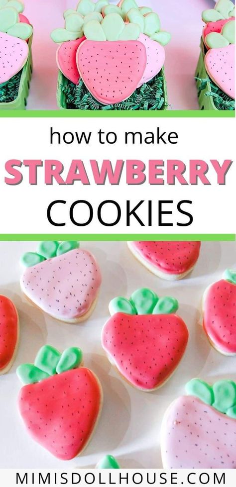 Delicious and Cute Strawberry Cookies for a birthday Looking for a simple and sweet Strawberry Cookie idea? These sugar cookies are adorable and sure to be a hit for your next birthday or springtime party. Check out the easy to follow tutorial below to learn how to make these fun cookies at home! #firstbirthday #partybaking #cookiesforparties #bakingwithkids Strawberry Themed Cookies, Berry First Birthday Cookies Decorated, First Birthday Strawberry Cookies, Strawberry Party Cookies, Strawberry Sugar Cookies Roll Out, Strawberry Cookie, Strawberry Sugar Cookies, First Birthday Cookies, Strawberry Shortcake Party