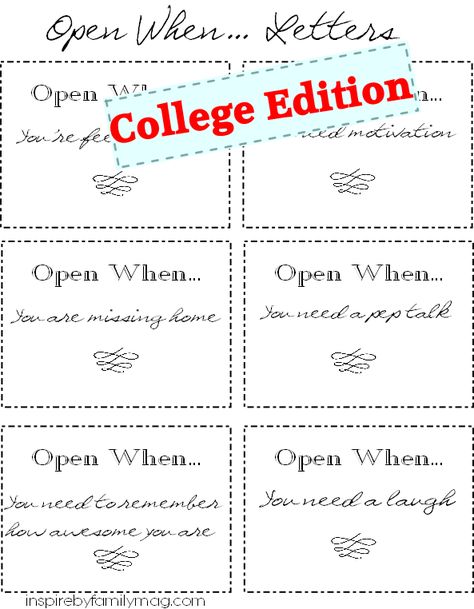 College Send Off Gifts: Open When… Letters Free Open When Letters Printables, Open When Letters For Daughter Going To College, College Open When Letters, Open When Letters For College Daughter, Open When Letters For College Freshman, College Gift Baskets, College Daughter, Open When Cards, Keep Calm And Study