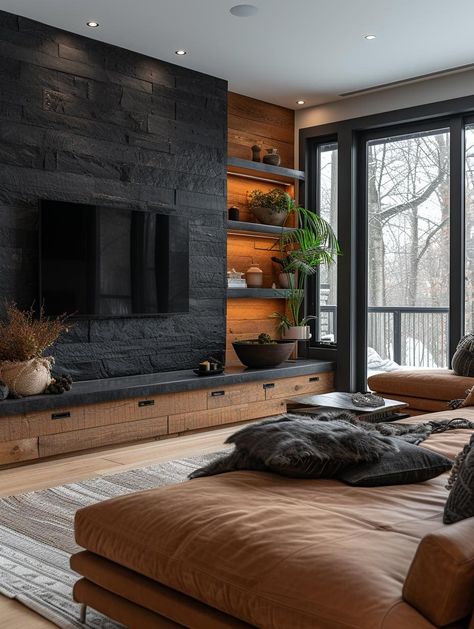 [ Lux - Envy ] Black Stone Wall Living Room, Dark Wall In Living Room, Dark Wood Aesthetic Living Room, Black Wall Interior Design, Black Wall Ideas Living Room, Black And Wooden Living Room, Tv Wall Design In Bedroom, Dark Cozy Interior Design, Living Room Inspiration With Tv