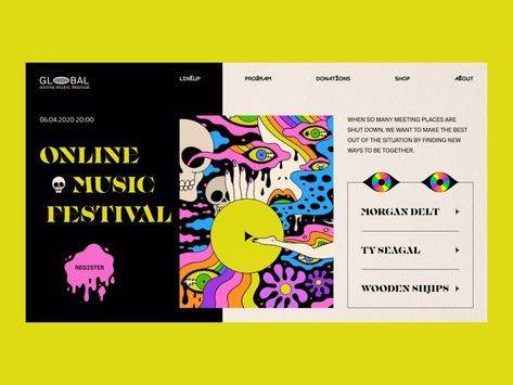 Online Music Festival // Website Concept by Ivan Ivanov for blacklead on Dribbble Music Festival Website Design, Music Festival Website, Colourful Website Design, Artist Website Design Layout, Festival Website Design, Festival Websites, Music Website Design, Art Website Design, Music Festival Branding