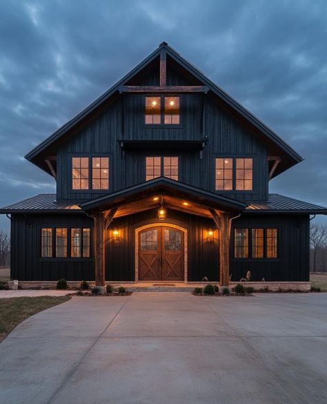 Goth Barndominium, Charcoal Barndominium Exterior, Barndominium Landscaping, Cabin Barndominium, Barndo Designs, Black Barndominium Exterior, Shouse Barndominium, Inside Barndominium, Barndominium Exterior