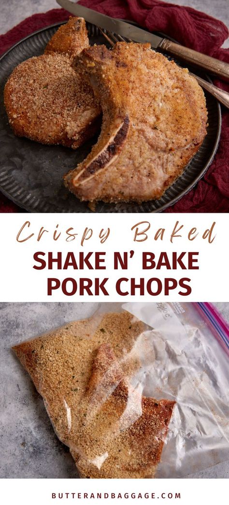 Two pork chops on a platter. Shake N Bake Pork Chops, Shake And Bake Pork Chops, Panko Pork Chops, Bake Pork Chops, Shake And Bake Pork, Homemade Shake And Bake, Baked Pork Chops Oven, Shake And Bake, Pork Chop Recipe