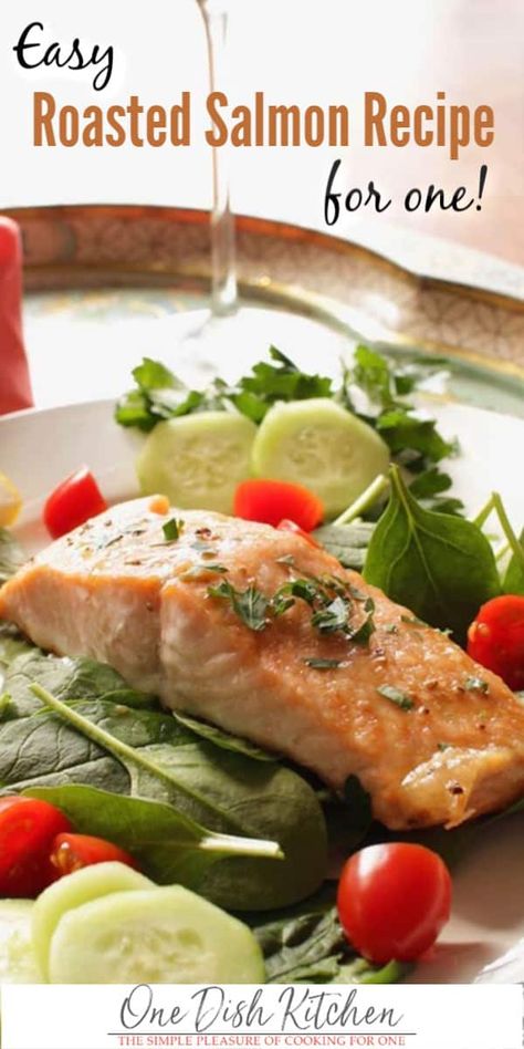 Perfectly cooked salmon that flakes so easily with a fork. This easy roasted salmon is topped with a sweet and tangy glaze - ready in 30 minutes! Single Serve Salmon Recipe, Salmon For One Person, Single Serving Salmon Recipe, Salmon Recipes For One Person, Ramkin Recipes, Salmon For One, Maple Mustard Sauce, Easy Diner, Single Serve Meals