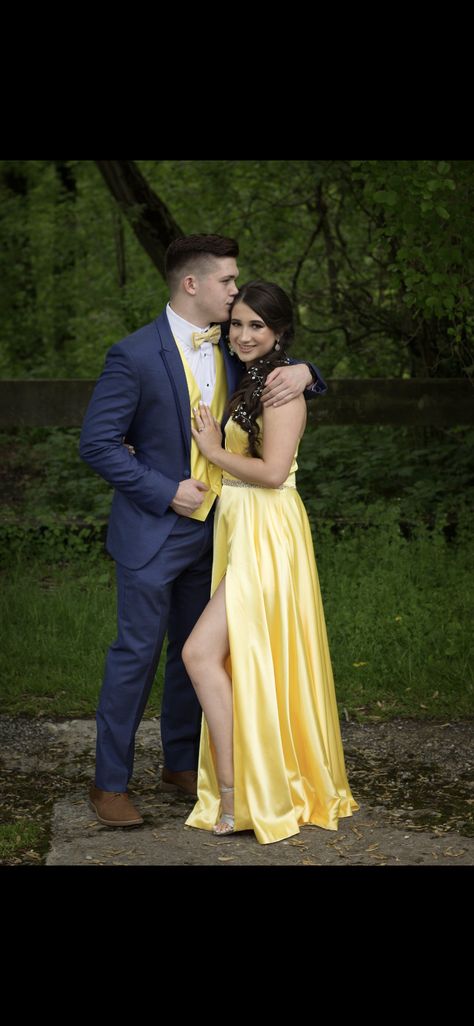 Navy And Yellow Prom Couple, Yellow Prom Dress With Navy Suit, Blue And Yellow Prom Couple, Yellow Prom Couple, Yellow Prom Dress Couple, Yellow Tuxedo, Prom 2k22, Formal Couple, Navy Blue Tux